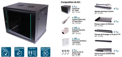 KIT COMPLET COFFRET RESEAU 19 POUCES 9U - SWITCH GIGABIT